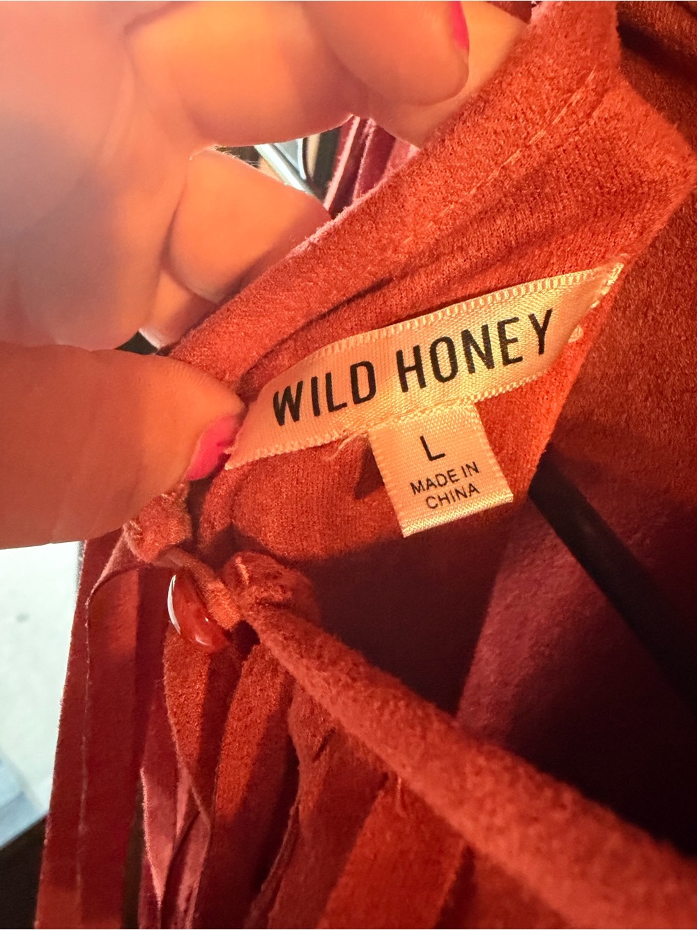 Wild Honey Burnt Orange Fringe Tie-Neck Top